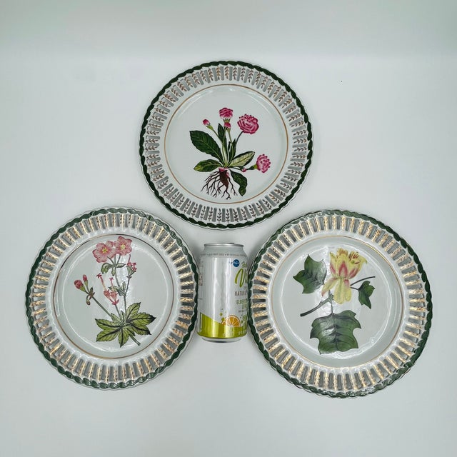 Gorgeous set of three vintage reticulated floral hand-painted plates. Each plate features delicate green leaves along the...