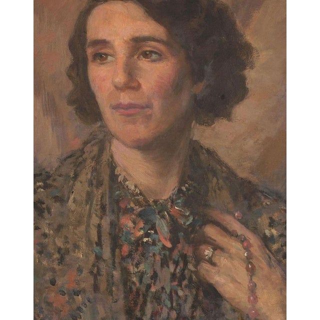 1920s A.J., Portrait of a Woman in a Patterned Gown, 1920s, Oil Painting For Sale - Image 5 of 13