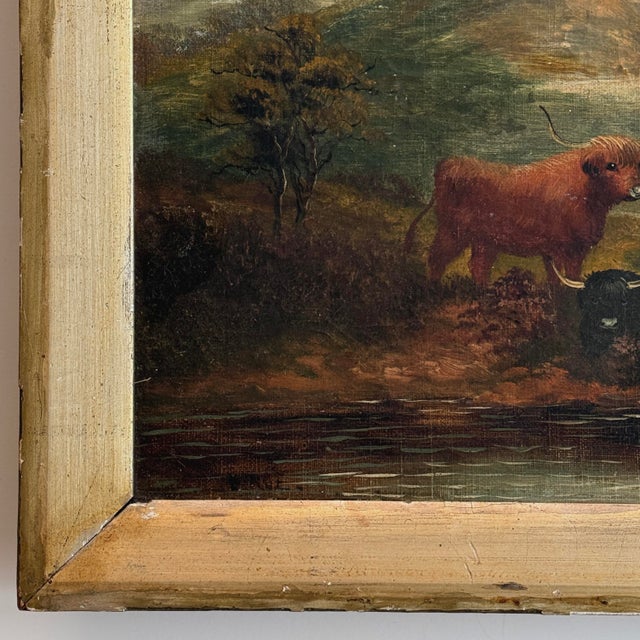 Victorian Antique Scottish Highland Romanticism Mountainous Landscape With Highland Cattle, Signed (Oil on Canvas) For Sale - Image 3 of 6