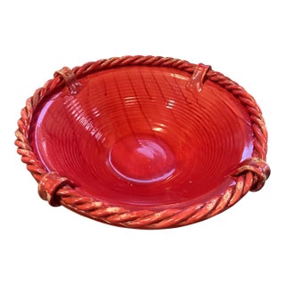 Vintage Tomato Red Articulated Rope Edge Decorative Bowl Made in Italy For Sale