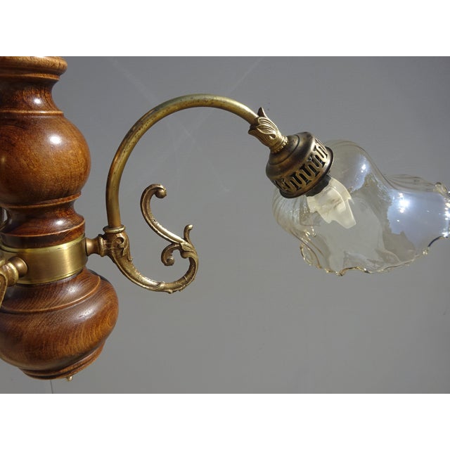 3-Light Chandelier in Wood, Bronze and Glass, 1980s For Sale - Image 4 of 12