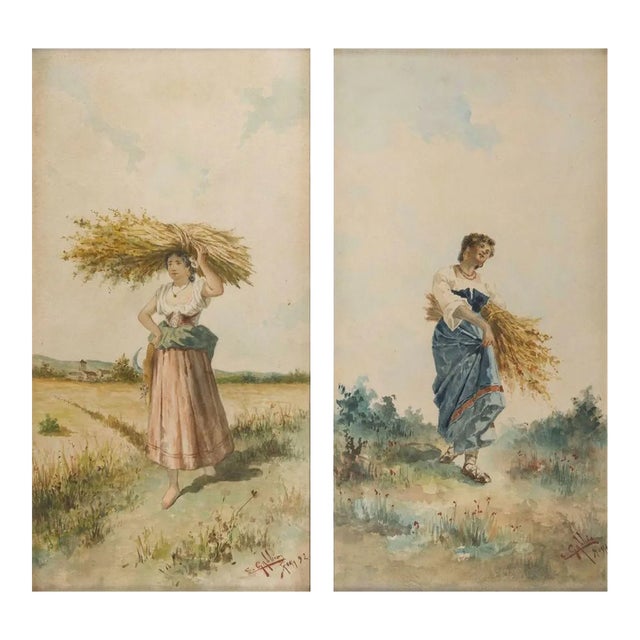 Farmers with Bundle of Spikes - Pair of Watercolors on Paper - 1892 1892 For Sale