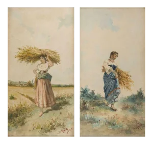 Farmers with Bundle of Spikes - Pair of Watercolors on Paper - 1892 1892