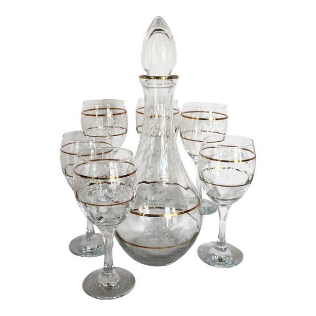 Vintage Turkish Pasabahce Blown Glass Decanter & 6 Wine Glasses Set