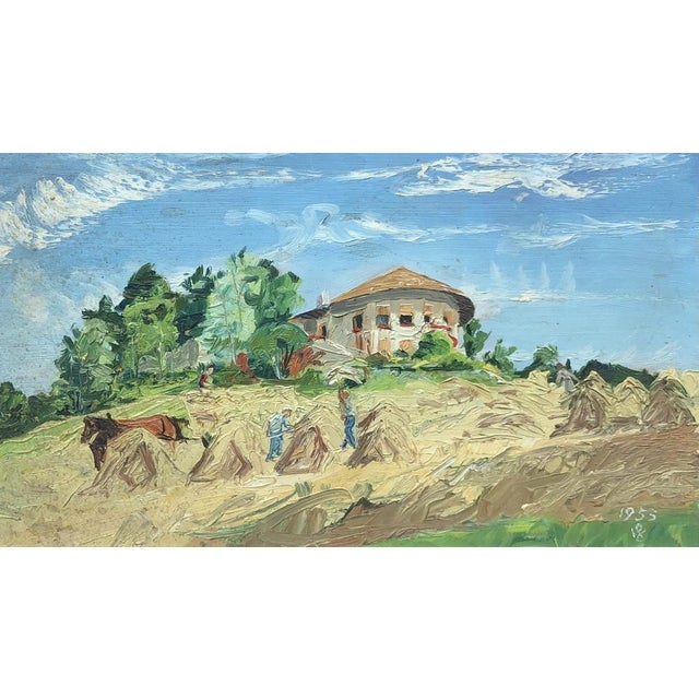 Modern I. G., Paysans au champ, 1955, Oil on Wood, Framed For Sale - Image 3 of 10