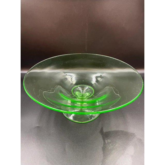 Art Deco Early 20th Century Old Uranium Vaseline Glass Pedestal Centerpiece Compote For Sale - Image 3 of 13