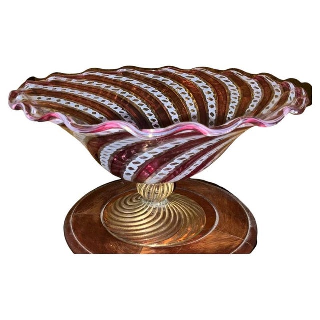 Murano Centerpiece Bowl with Ruby Canes & 24k Gold by Vivarini Zanfirico Latticino, 1960s For Sale - Image 12 of 12