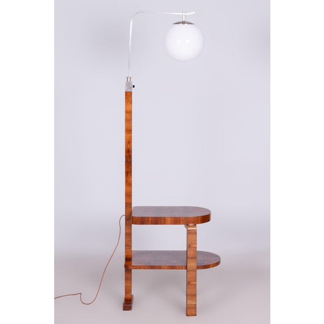 Art Deco Floor Lamp in Walnut with Chrome-Plated Steel and Glass, Czechia, 1930s For Sale - Image 9 of 12