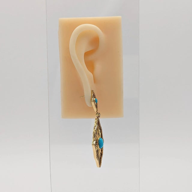 Contemporary Turquoise Cabochon and White Diamond Dangle Earrings in 18K Yellow Gold - A Pair For Sale - Image 3 of 5