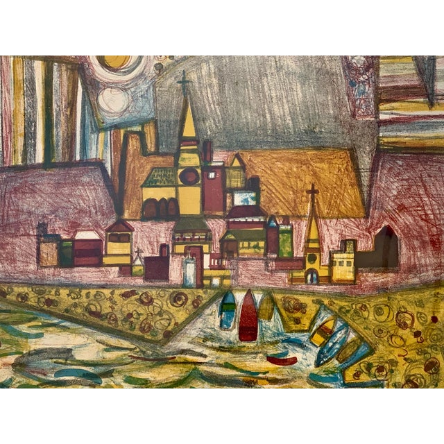 A striking original Mid-Century Modern mixed-media work on paper, dated 1956, depicting an abstracted harbor village...