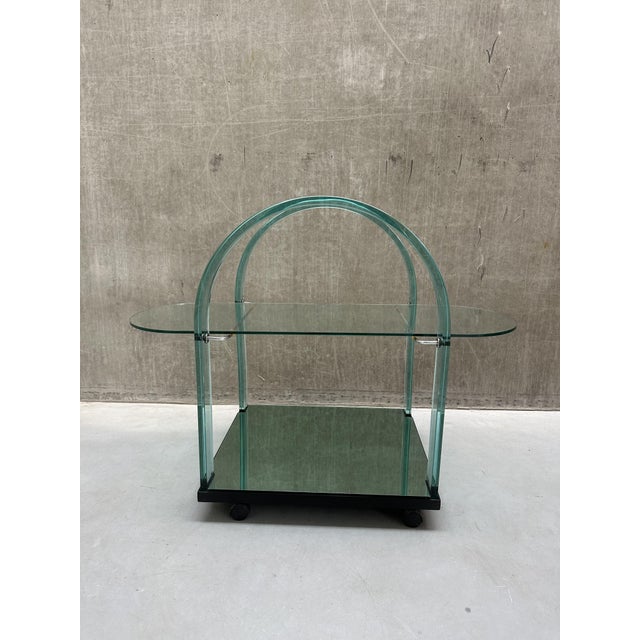 Glass Postmodern Italian Curved Green Glass Bar Cart by Fiam, 1980s For Sale - Image 7 of 11