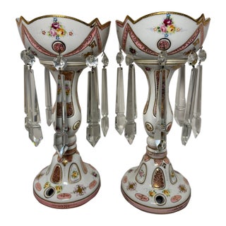 Vintage Occupied Japan Porcelain Mantle Lustre Lamp Bases W/ Crystal Spear Prisms - Pair For Sale
