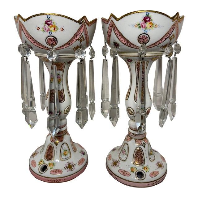 Vintage Occupied Japan Porcelain Mantle Lustre Lamp Bases W/ Crystal Spear Prisms - Pair For Sale