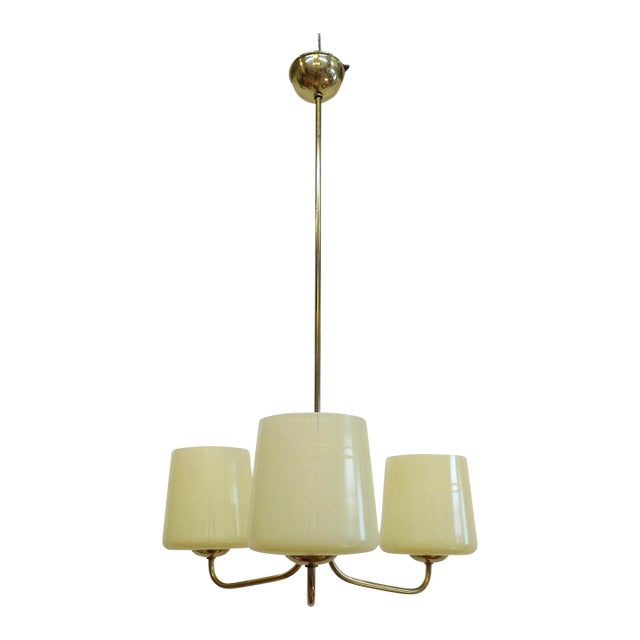 Austrian Mid Century Brass Opaline Glass Chandelier For Sale