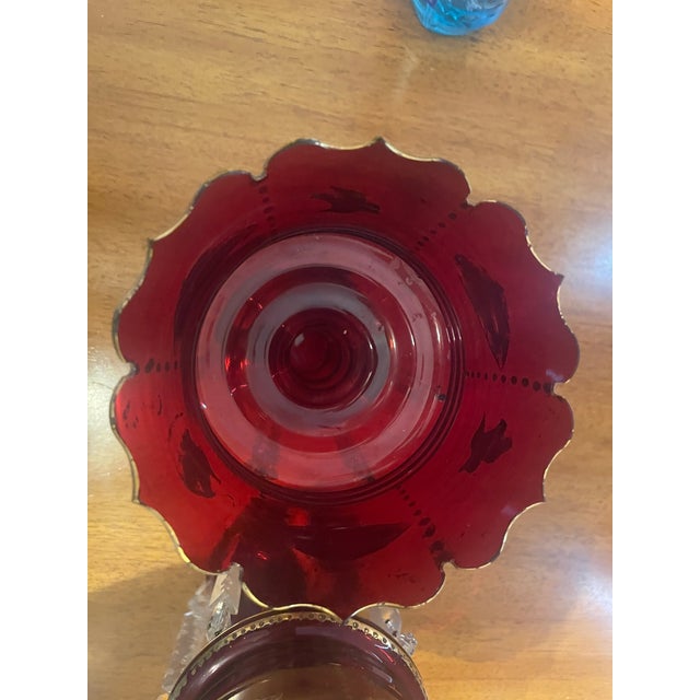 Late 19th Century Pair of Bohemian Ruby Cranberry Glass Mantle Lusters With Gold Bird and Peacock Motifs and Crystal Prisms For Sale - Image 5 of 14