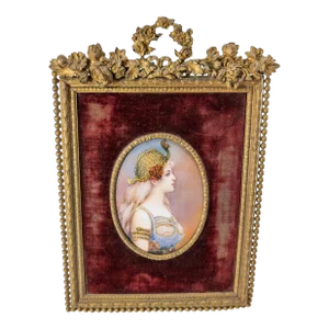 Early 20th Century French Limoges Enamel Portrait of a Beautiful Woman in Gilt Bronze Frame