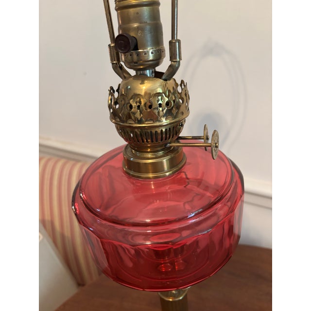 19th Century Lamp With Pink Glass and Brass For Sale In Philadelphia - Image 6 of 6