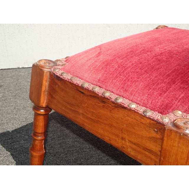 Vintage Oak French Country Rose Colored Velvet Footstool W Decorative Nails For Sale - Image 10 of 12