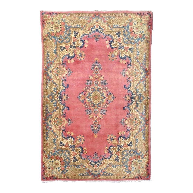 Antique Persian Kerman Wool 4x6 Rose, Blue & Ivory Handmade Area Rug #9902283 For Sale