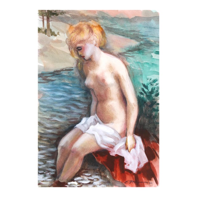 Girl Bathing, Erik Freyman Watercolor With Pastel on Paper, Signed in Pen For Sale