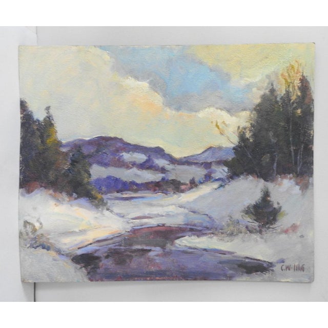 Rustic Mid 20th Century Impressionist Snowy Winter River Landscape Painting For Sale - Image 3 of 5