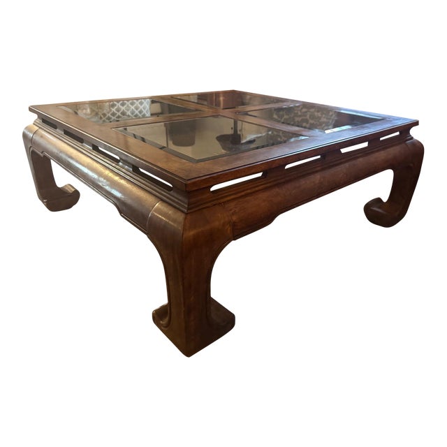 Mid 20th Century Chow Leg Ming Style Glass Panel Insert Coffee Table Attributed to Schnadig Furniture For Sale
