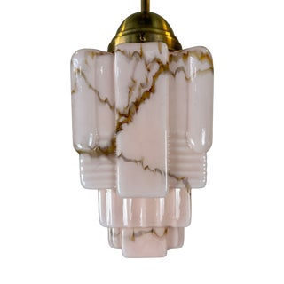 Art Deco Pendant Light in Marbled Rose Opaline and Brass, 1930s For Sale