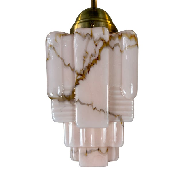 Art Deco Pendant Light in Marbled Rose Opaline and Brass, 1930s For Sale
