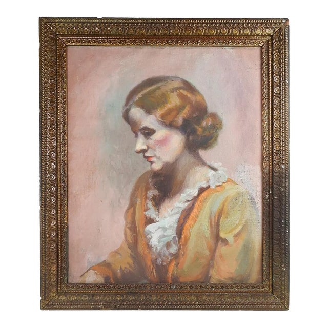 Antique Early 20th Century Distressed Portrait Painting of Woman in Yellow Dress For Sale