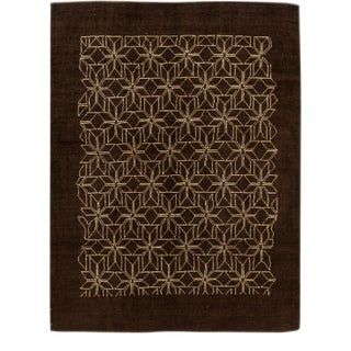 Modern Brown Deco Style Handmade Geometric Floral Wool Rug For Sale