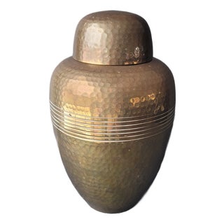 Large Vintage Hammered Solid Brass Urn Ginger Jar With Lid 10.75" Tall For Sale