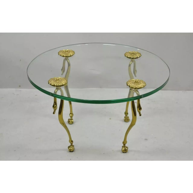 Vintage Regency Maison Jansen Style Brass Swan & Glass Small Round Coffee Table. Item features a thick round glass top,...