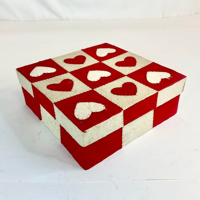 Red Vintage Boho Chic Arts & Crafts Valentines Checkered Heart Box. For Sale - Image 8 of 8