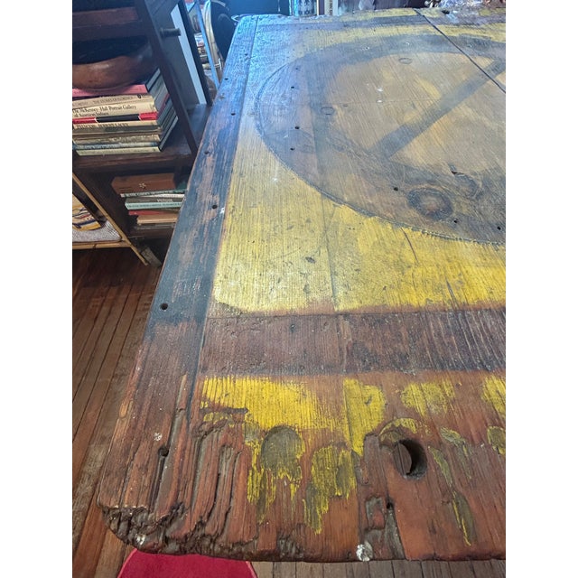Industrial Salvaged Tilt Top Wood Work Table With Iron Base For Sale - Image 4 of 18