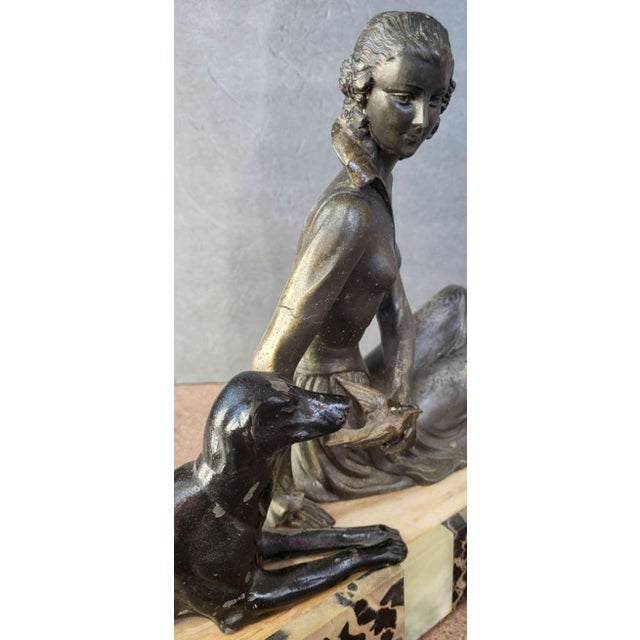 Metal 1920s Art Deco Period Statue Woman and Dog on Marble Base For Sale - Image 7 of 12