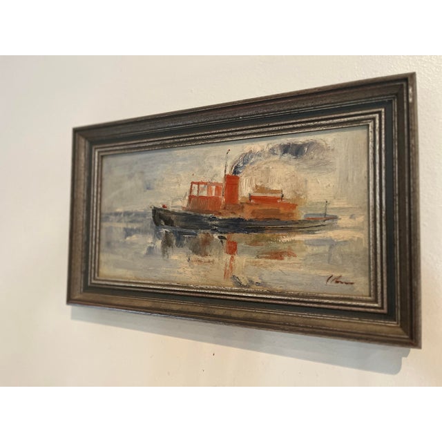 1970s Vintage Impressionist Oil on Board Harbor Tugboat Painting For Sale - Image 5 of 9