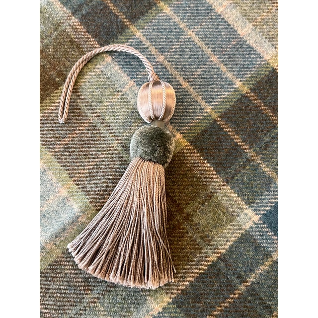 Aqua and Taupe Satin Beaded Key Tassel With Cut Velvet Detail For Sale - Image 15 of 17