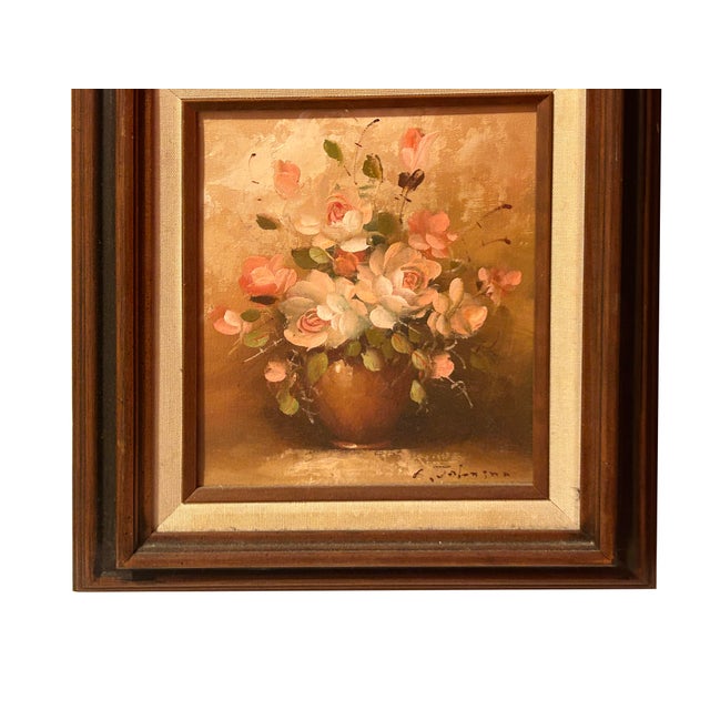 Art Deco Vintage Blooming Roses Brown Pot Small Canvas Oil Painting For Sale - Image 3 of 6
