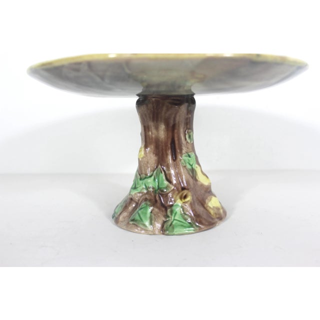 Antique Etruscan Majolica Cake Stand, Round Pink Yellow Green Leaf Motif Platter With Faux Bois and Ivy Base Makers Mark For Sale - Image 4 of 11