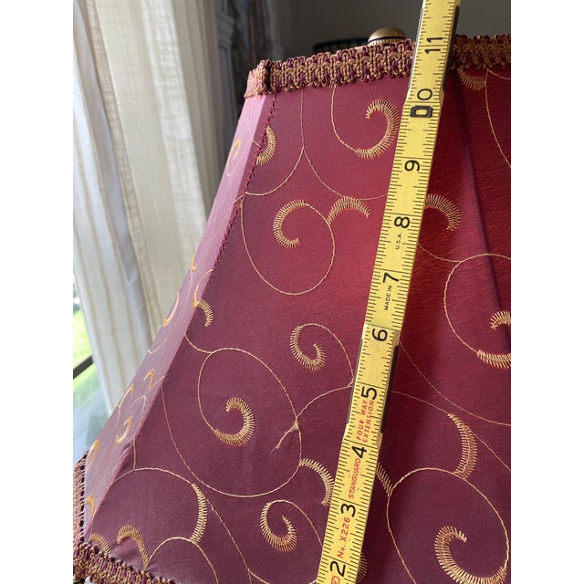 Vintage Brass Table Lamp With Burgundy Embroidered Shade, Gold Scroll Motif & Crystal Drops, Traditional Hollywood Regency Decor For Sale In Naples, FL - Image 6 of 12