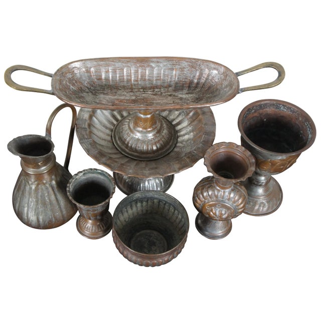 Lot of seven assorted vintage copper/tin pieces including two centerpiece compotes, a small pitcher, large goblet, small...