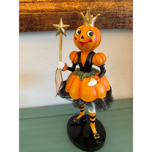 Pumpkin Whimsical Halloween Girl, Pumpkin Head Sculpture, With a Crown and Wand With Star Cheerful For Sale - Image 8 of 8