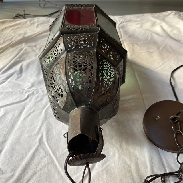 Bronze Late 20th Century Moroccan Handcrafted Pendant Light With Multi Color Glass Panels For Sale - Image 8 of 13