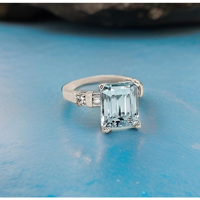 Natural Aquamarine Diamond Ring 6.25 Platinum 5.3 TCW Certified For Sale - Image 10 of 13