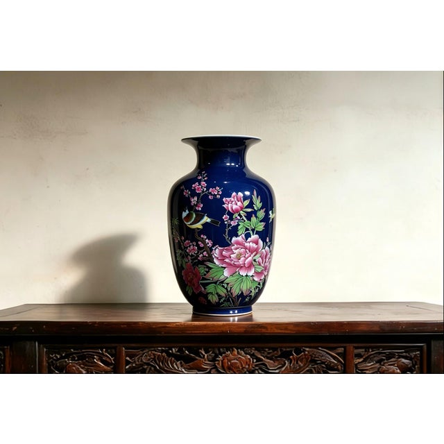 Chinese Old Ceramic Vase,Qianlong Marked Blue Ground Famille Rose Porcelain Vase Hand Drawing Flowers and Birds Pattern For Sale - Image 12 of 12