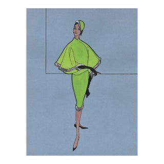 1950s Rare French Fashion Drawing in Gouache, Matted With Documentation For Sale