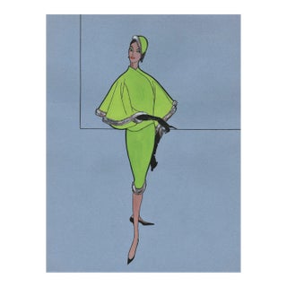 1950s Rare French Fashion Drawing in Gouache, Matted With Documentation For Sale