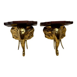 Mid 20th Century Pair Hollywood Regency Style Elephant Head Motif Brass Wall Brackets For Sale