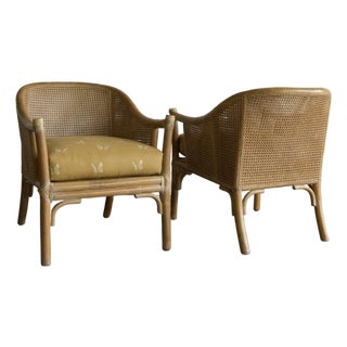 Pair, Soft Yellow Butterfly Motif McGuire Double Cane Barrel Back Club Chairs, Late 20th Century For Sale
