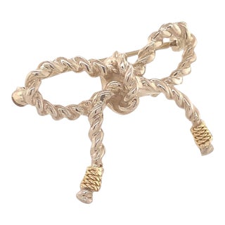 Late 20th Century Tiffany & Co Estate Twisted Rope Bow Brooch Pin Silver + 14k Gold 5.8 Gr For Sale
